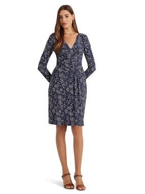 Lauren Ralph Lauren floral stretch jersey long sleeve dress navy/cream/pink 14